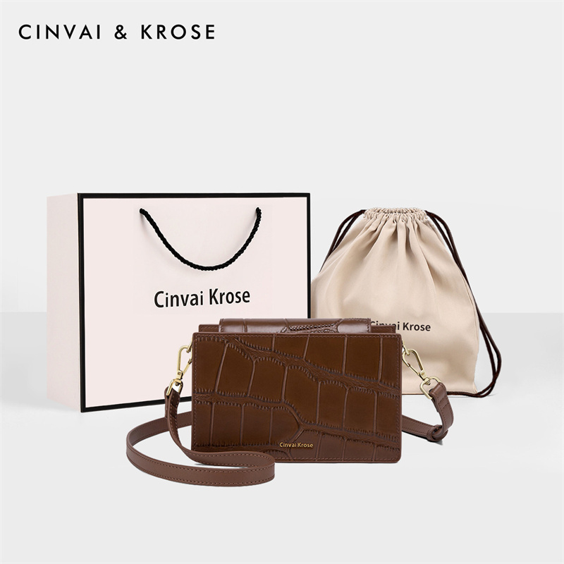 CinvaiKrose 包包女潮牛皮斜挎包时尚百搭单肩包包B6054·摩卡棕