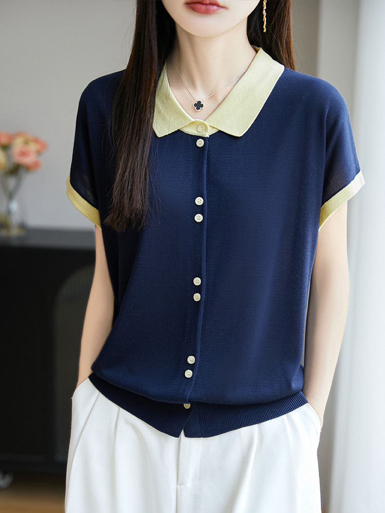 【100莱赛尔天丝】撞色POLO领气质显瘦百搭短袖·灰色