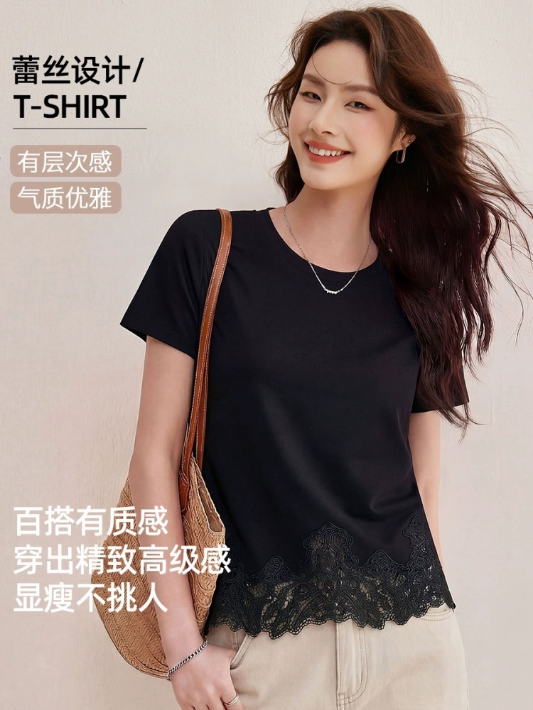 【90罗纹棉】修娴蕾丝拼接T恤W71·白色