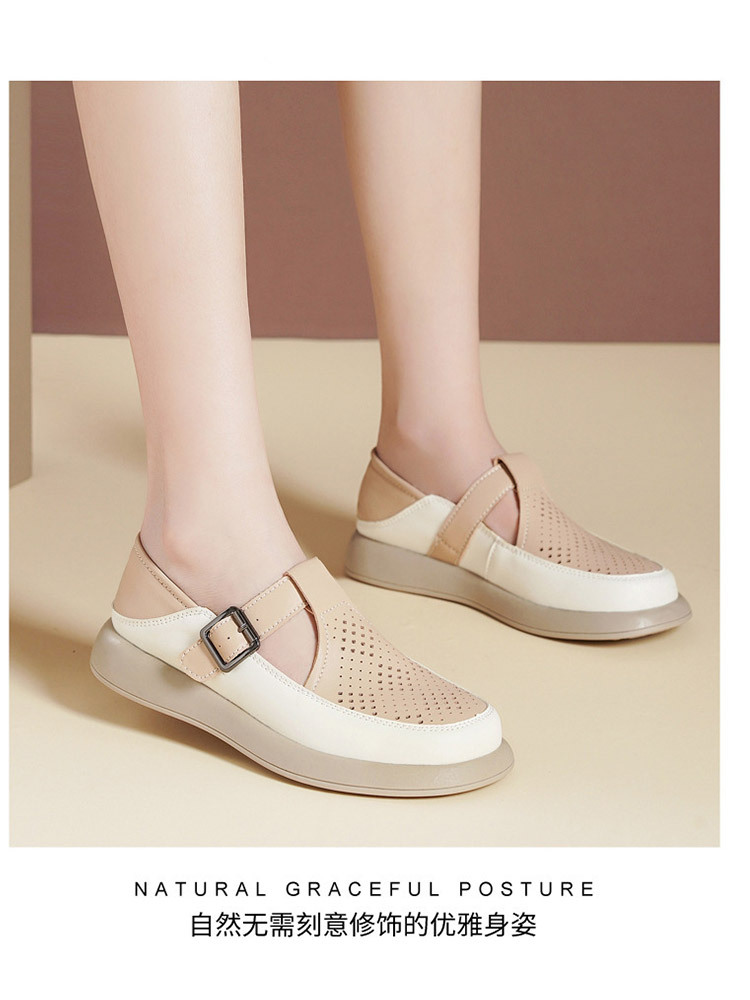 真皮镂空透气加宽圆头软底防滑时尚乐福鞋·米黑