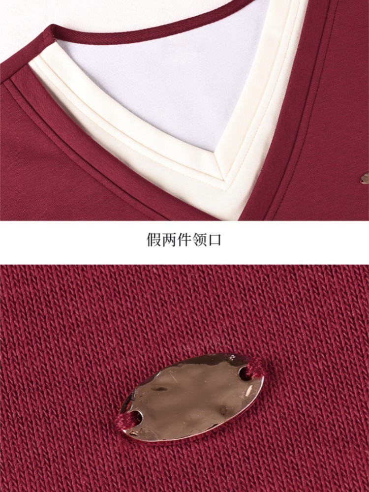 轩凌子撞色拼接V领卫衣XS82610074·酒红色