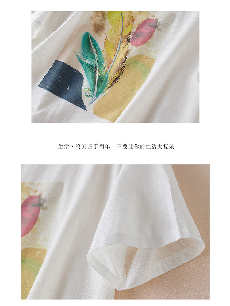 【爆款特价】棉麻印花宽版遮肉显瘦短袖·白色