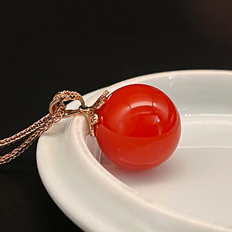 曼丽翠18k金保山满肉满红南红158mm圆珠吊坠项链