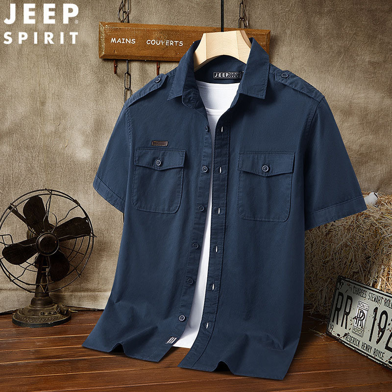 JEEP新款夏季户外短袖衬衫男士薄款透气衬衣翻领工装寸衫上衣8698·深蓝色