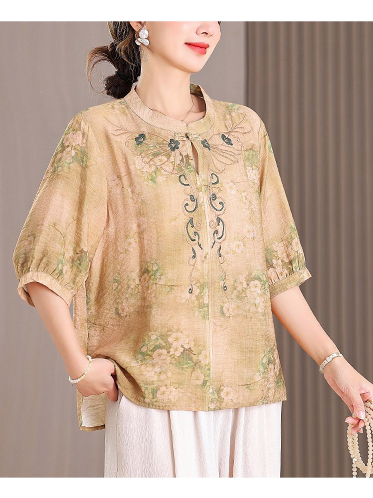 棉麻刺绣宽松大码气质显瘦中袖上衣·黄色