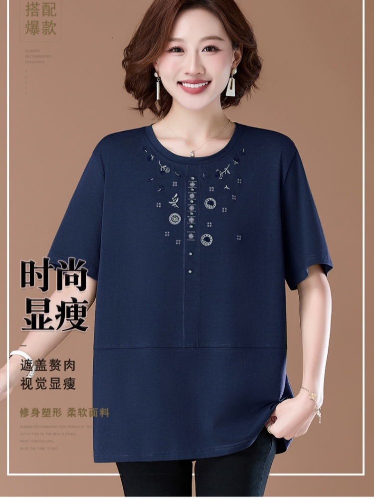 【95精梳棉】蓝萱大码圆圈枝叶绣花短T恤ZL2661·深蓝色
