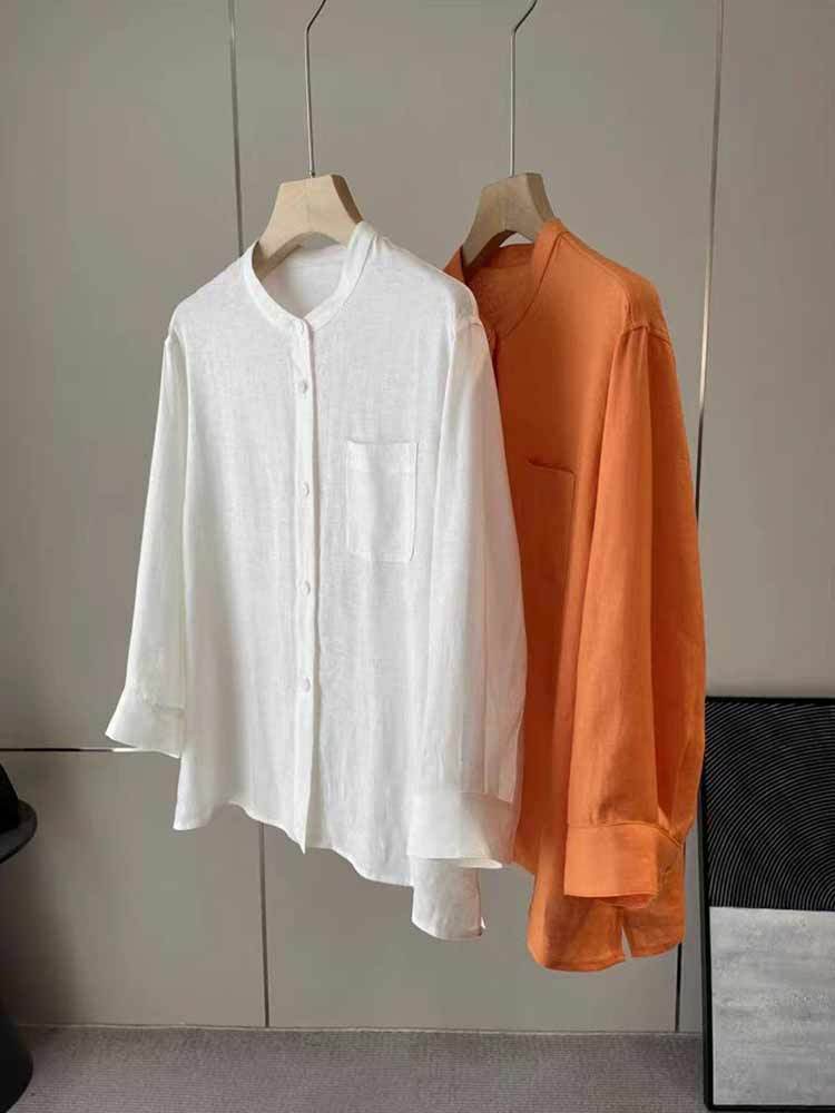 婵阅专柜高货立领七分袖亚麻平纹衬衫·3901-乳白色