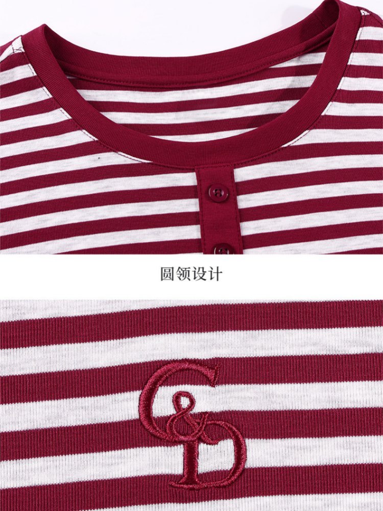 【凉感天丝】轩凌子刺绣条纹短袖T恤XS82620167·酒红灰