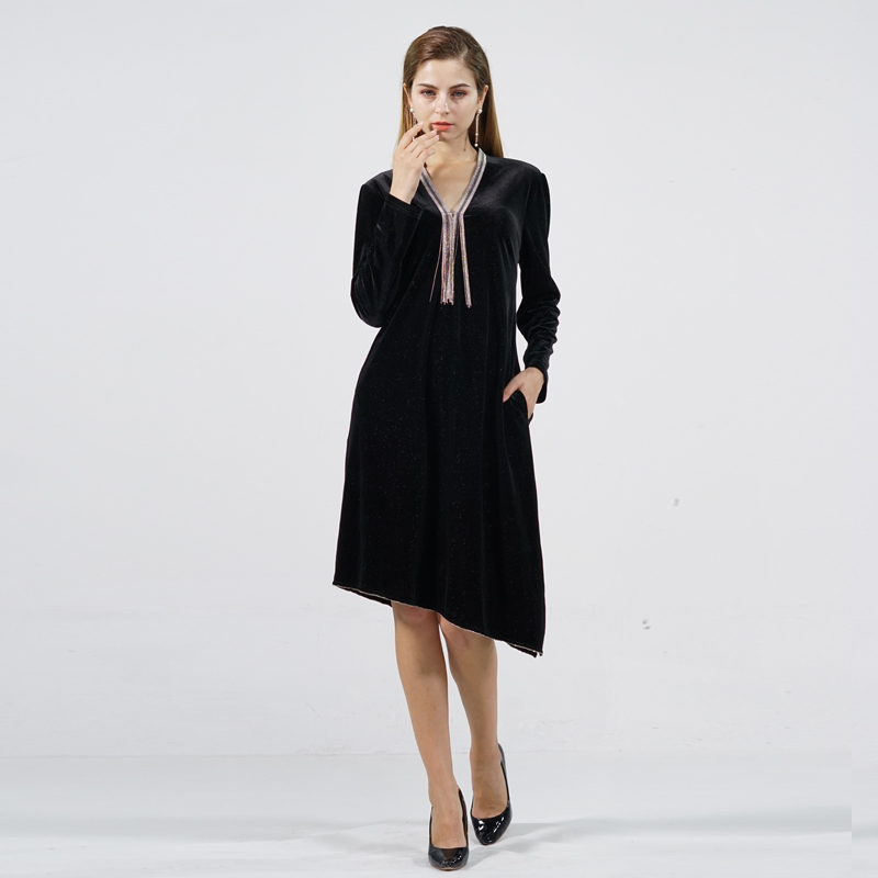 Prolivon 鎏锦丝绒中长款连衣裙(PL18211002)·黑色