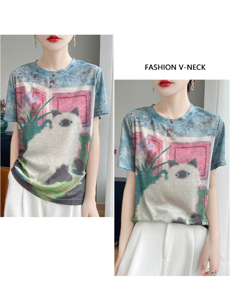 新款超细纤维晕染印花宽松时尚圆领短袖·壁画上的猫