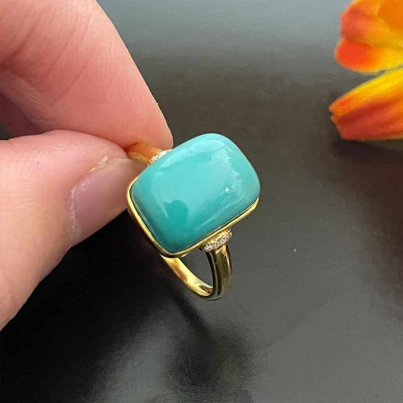 曼丽翠18k金镶钻蓝绿色绿松石方形包镶戒指