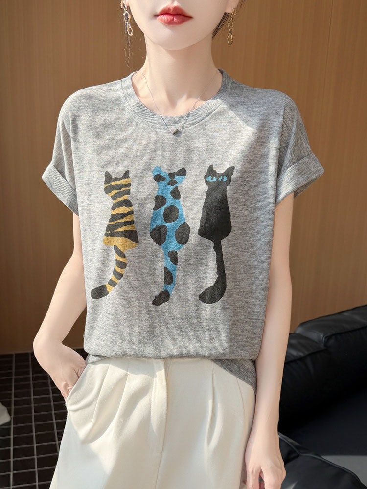 新款高支精纺莱赛尔透气多彩挽袖设计显瘦短袖·猫咪-白色