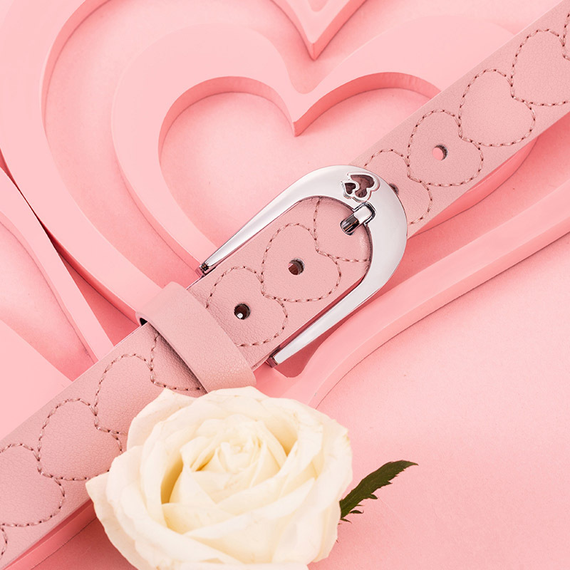 皮尔卡丹女士刺绣心形时尚百搭牛皮针扣腰带裤带·浅粉色