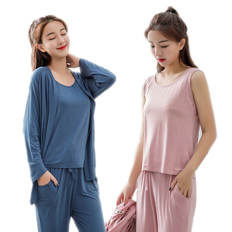 韩版时尚纯色莫代尔两穿舒适三件套·开叉宽松版2件套—墨蓝色