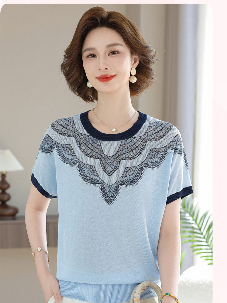 欧奈丝 女士大码提花落肩短袖冰麻衫6158919·紫灰色
