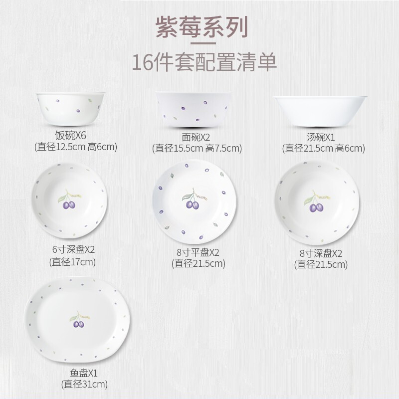 康宁 进口餐具紫莓系列16件组 （可微波/烤箱）-16-PU/TV·白色