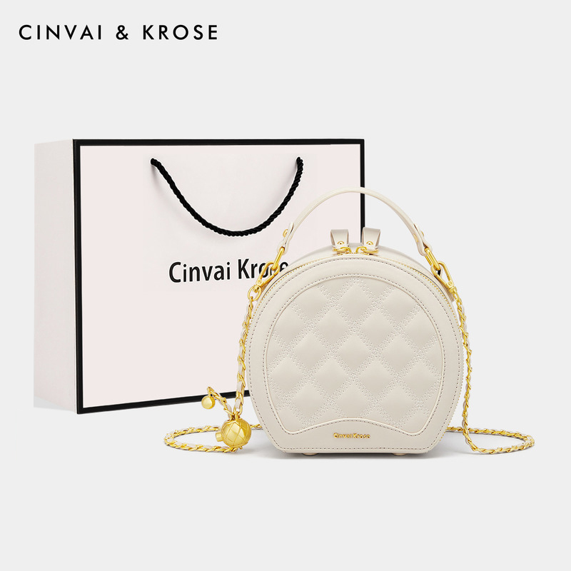 CinvaiKrose 牛皮包包女新款菱格斜挎包女包小圆包手提包C6339·圆鼓黑格