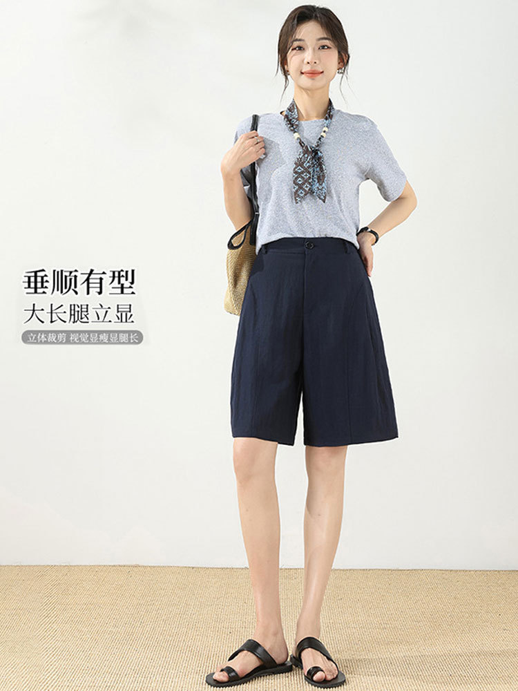 天丝亚麻老钱风高腰短裤五分裤2616#·本麻色
