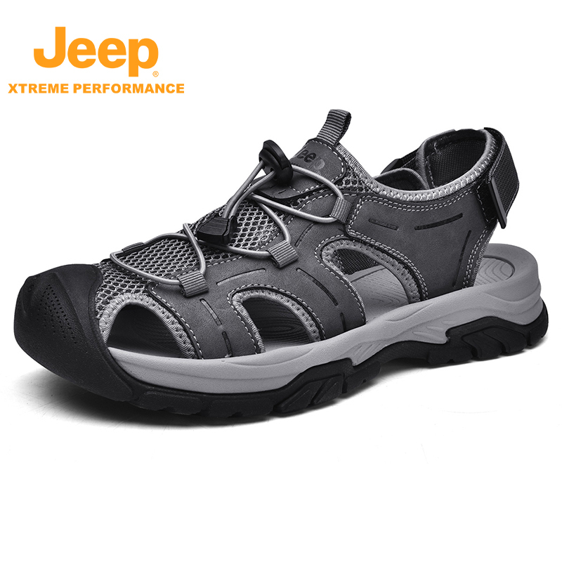 jeep包头凉鞋男士夏季外穿真皮防滑运动P321291518·灰色