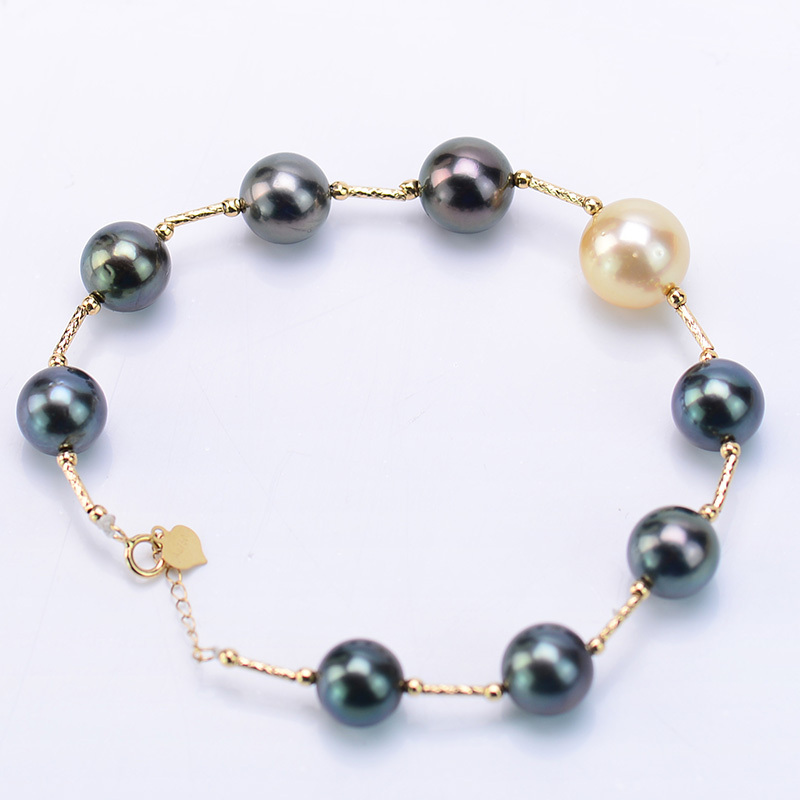 岛上明珠  大溪地南洋海水强光珍珠18k金手链双色款8-11mm·金色 黑炫彩