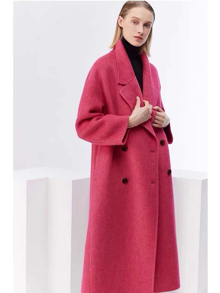 米彩微姿 特价秒杀品牌订单款双面骆驼绒羊毛大衣廓版长款·玫红色