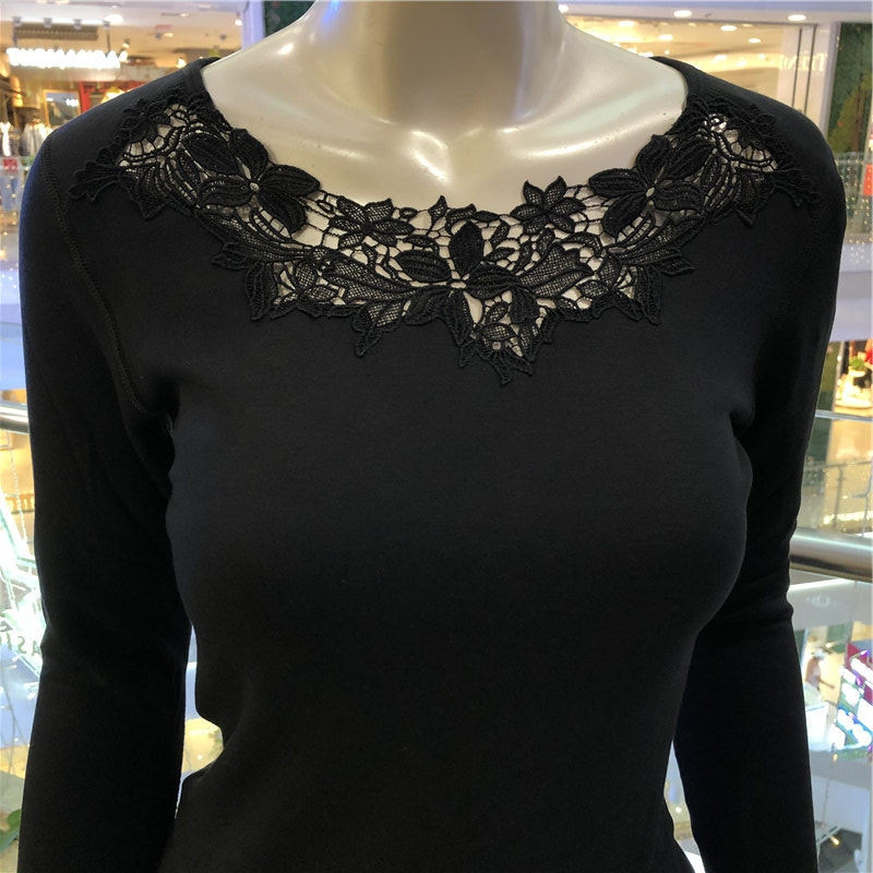 纤丝鸟 经典暖素羊毛系列女士全双层花边长袖衫17211·黑色