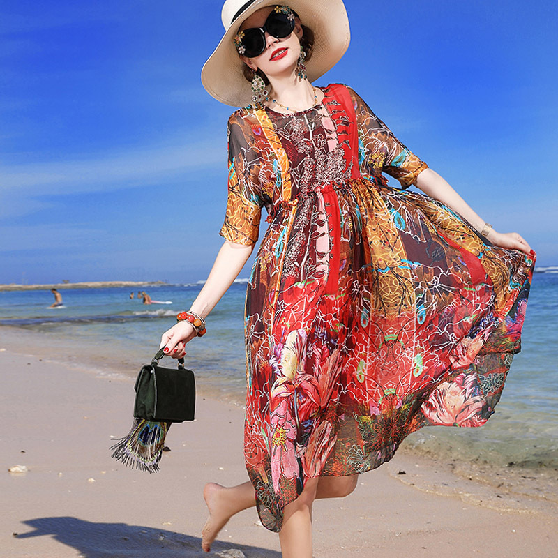 丁摩新款桑蚕丝连衣裙夏季沙滩裙印花套头中长真丝连衣裙·红色