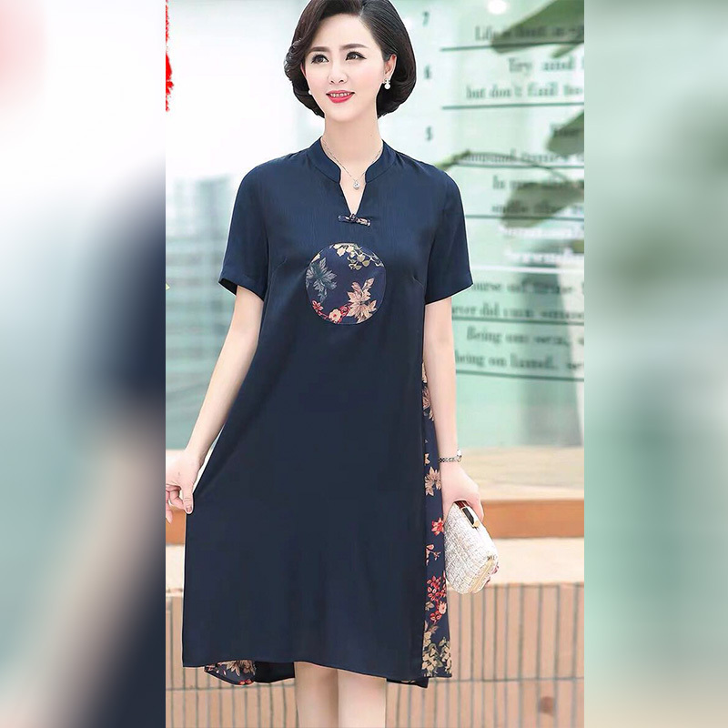 夏季中国风真丝短袖中老年连衣裙·蓝色