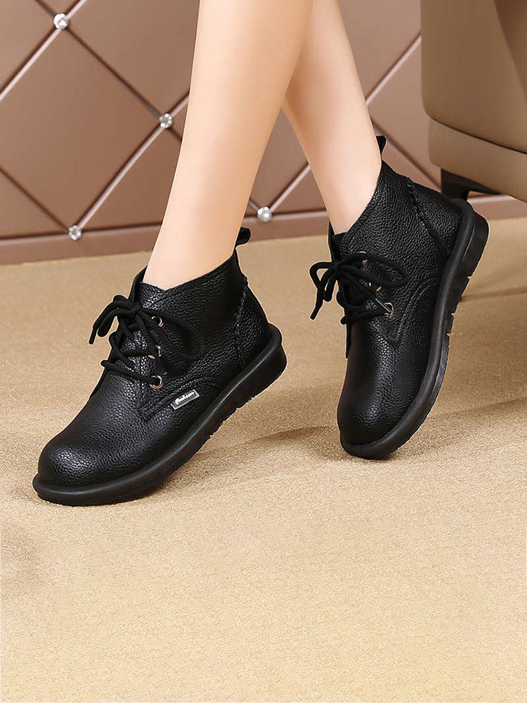 真皮加绒复古女鞋休闲加厚保暖时尚短靴AG-070·黑色加绒