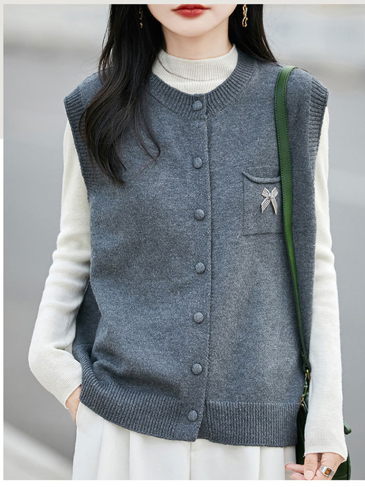 精纺羊毛圆领开扣叠穿百搭马甲背心·浅灰色