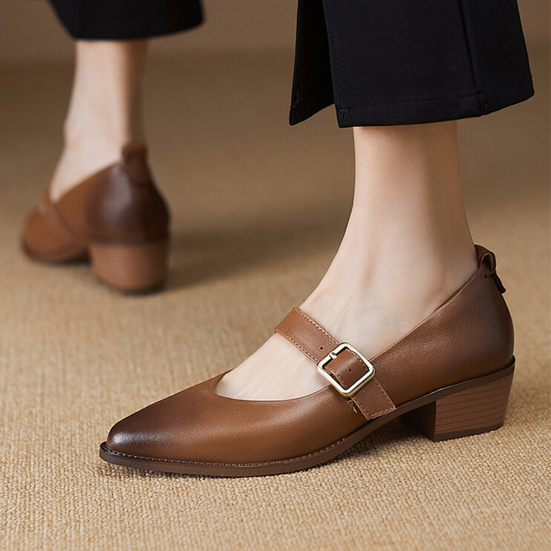 ANYMANNER 新款轻奢高品羊皮粗跟文艺风小皮鞋单鞋·棕色