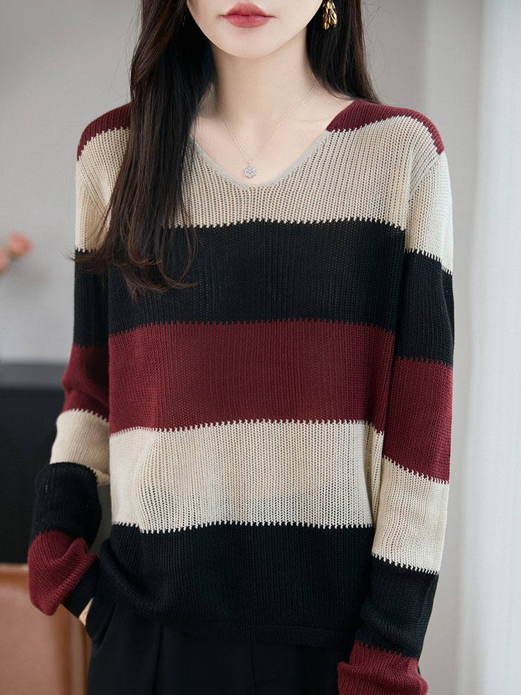 精纺羊毛多彩条纹V领宽松时尚针织衫·蓝色彩条