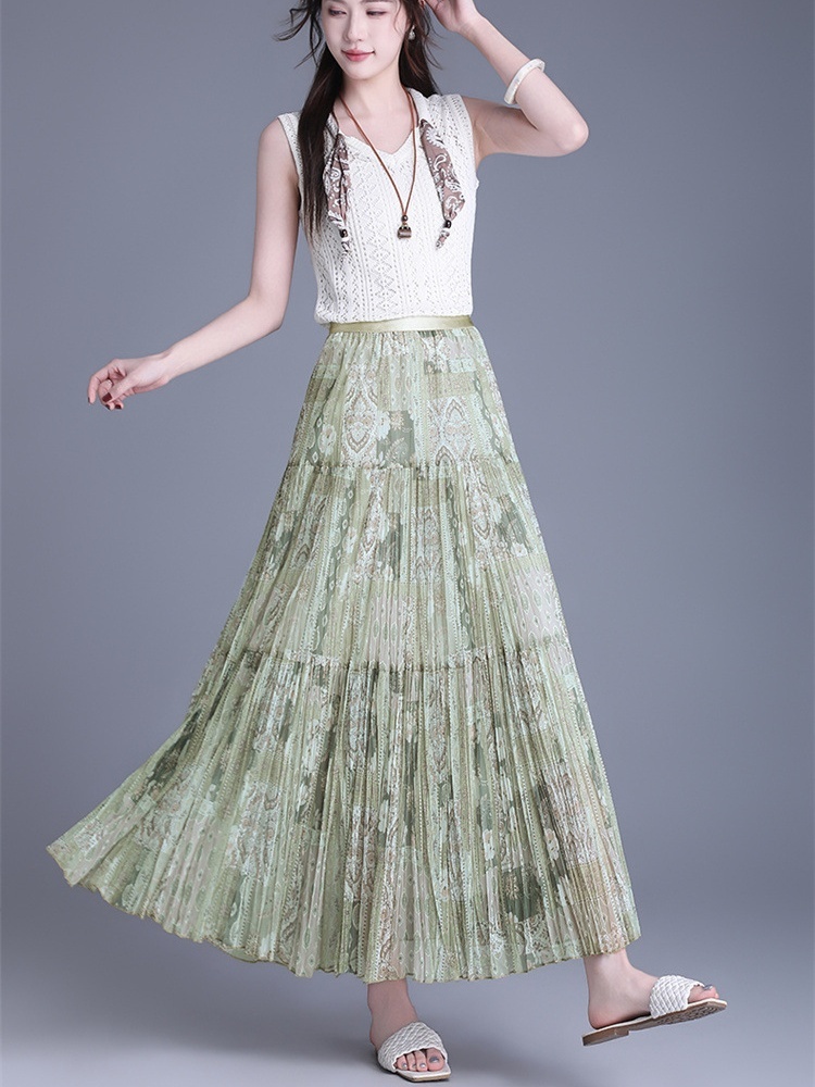 梦卓旋松紧腰碎花网纱A字裙ZS1837·绿色