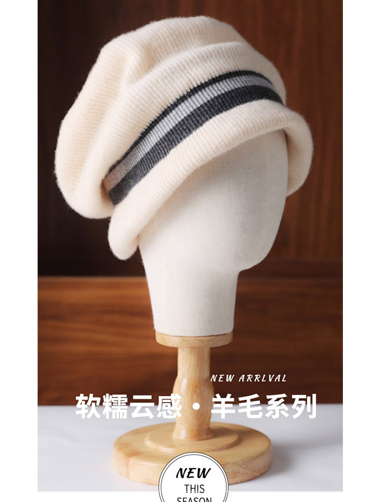 爆款羊毛包头护耳保暖优雅气质撞色条纹渔夫堆堆针织帽·咖啡色