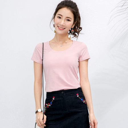 艾路丝婷新款夏季女装短袖t恤女式圆领纯色上衣女士打底衫3561粉色