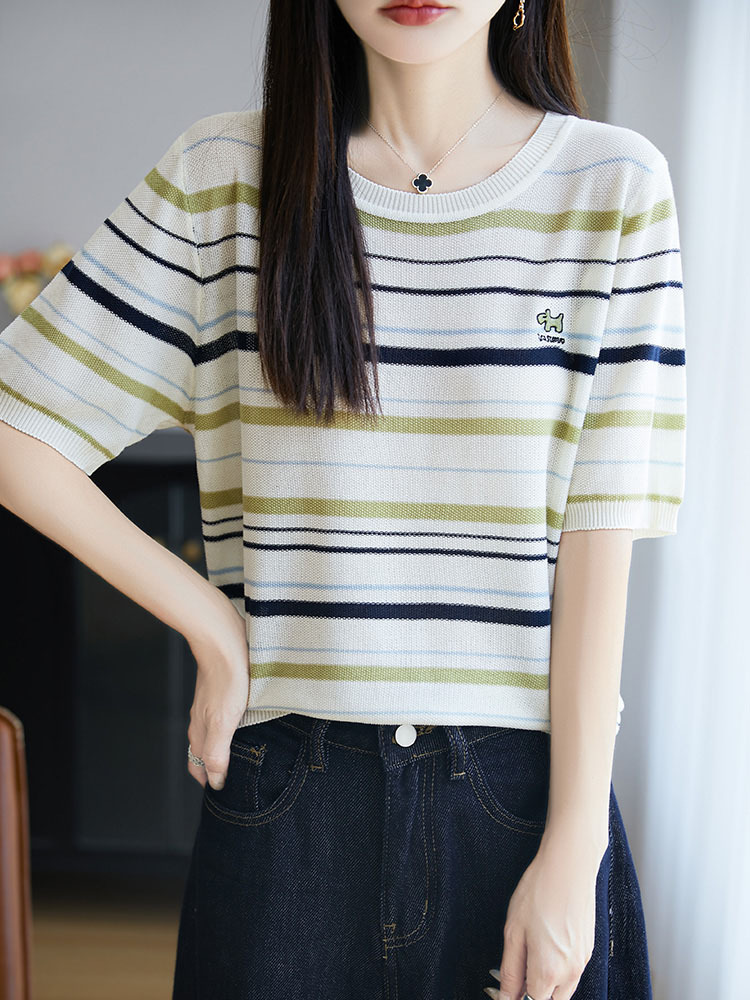 【100莱赛尔天丝】时尚条纹刺绣减龄显瘦百搭五分袖上衣·绿色