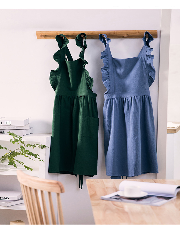 家用荷叶花边棉麻围裙日系韩版厨房咖啡厅工作围裙·蓝色