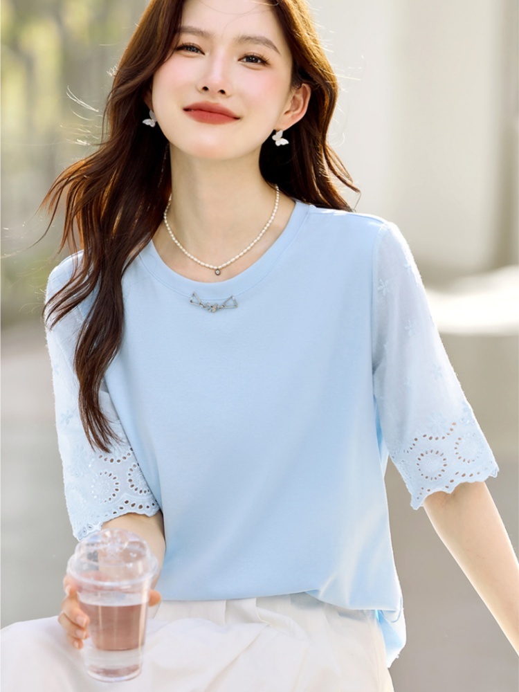【92精梳棉】轩凌子镂空刺绣中袖T恤S82610106·天空蓝