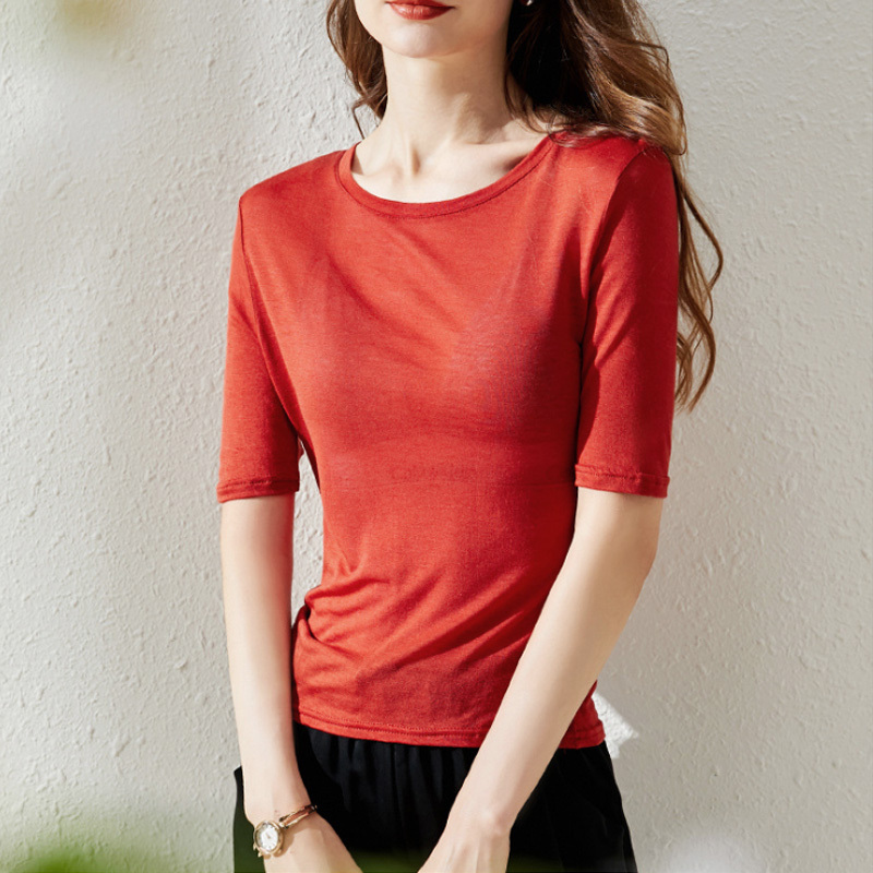 丁摩 天丝羊毛超细薄款针织圆领T恤夏季女士上衣M16·酒红色