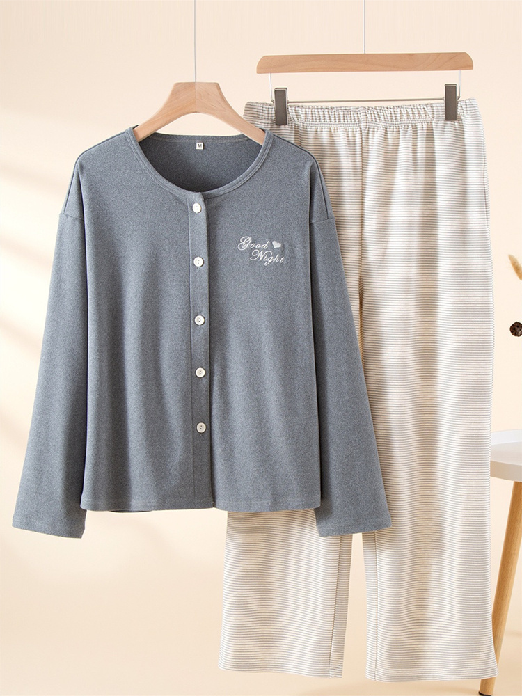 棉朵妮德绒刺绣圆领AB版长袖长裤套装女·浅灰