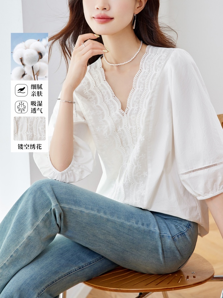 【100棉】可风各蕾丝花边镂空五分袖衬衫64108·白色