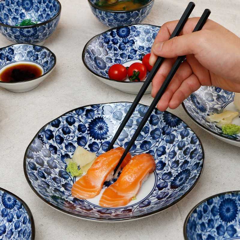 美浓烧（Mino Yaki）【日本进口】蓝华 菊染唐草陶瓷餐具·6入