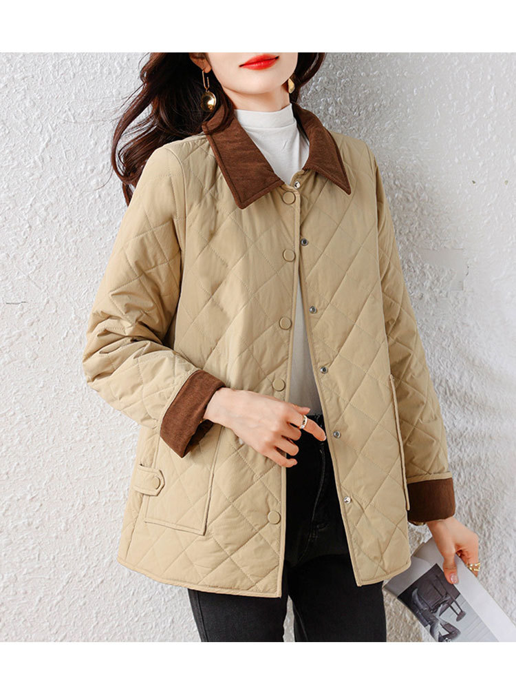 时尚新款撞色拼接巴恩风保暖百搭棉服·卡其色