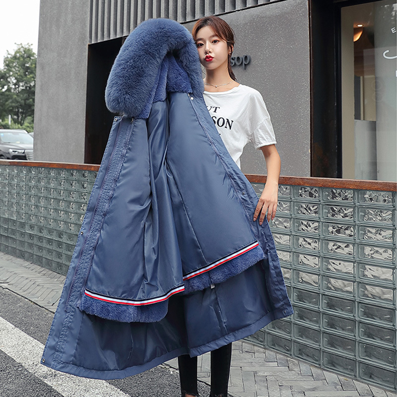 丁摩韩版新款派克服女中长款修身可卸内胆羽绒棉服290b蓝色