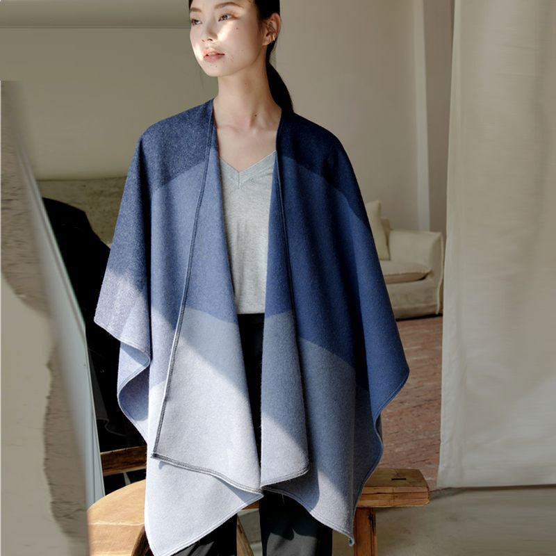 布休依泓凯优雅羊毛披肩斗篷两用外搭加厚围巾蓝灰