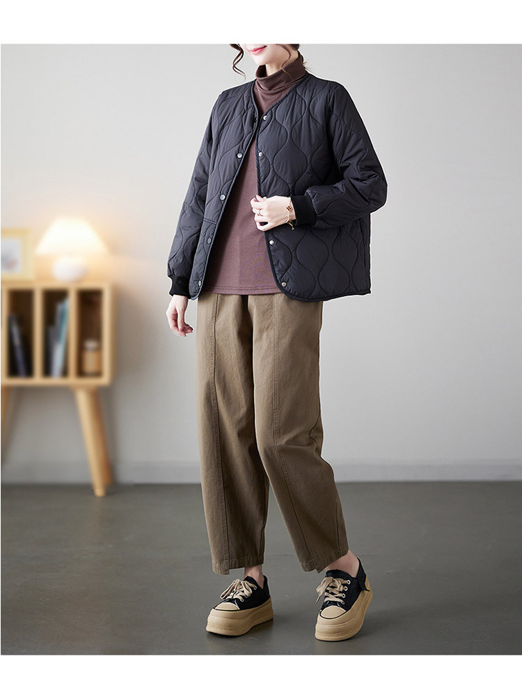 时尚花纹开扣口袋保暖百搭棉服外套·黑色