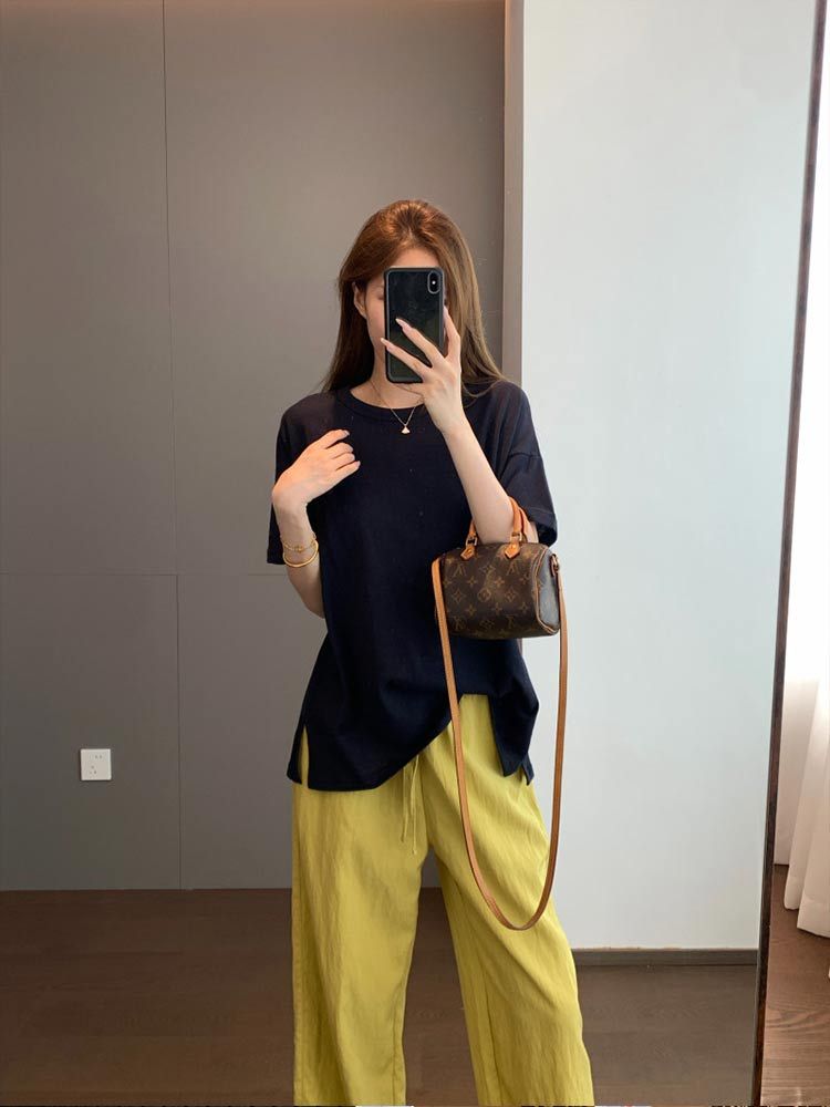 婵阅专柜高货松弛感~休闲佰搭 麻感棉轻薄垂感宽松版圆领落肩袖侧开叉短袖T恤· -裸粉