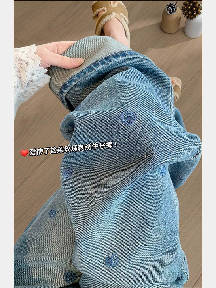 婵阅专柜高货复古水洗蓝刺绣烫钻直筒牛仔裤梨形身材显瘦宽松阔腿裤·Q017-蓝色