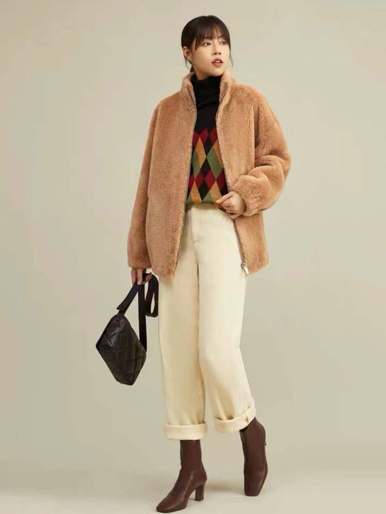 米彩微姿 特价秒杀羊羔毛颗粒羊剪绒大衣中长款立领宽松皮毛一体外套女·驼色