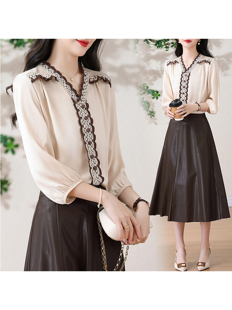 新款法式轻奢绣花醋酸皱宽松气质百搭九分袖衬衣·V领杏色